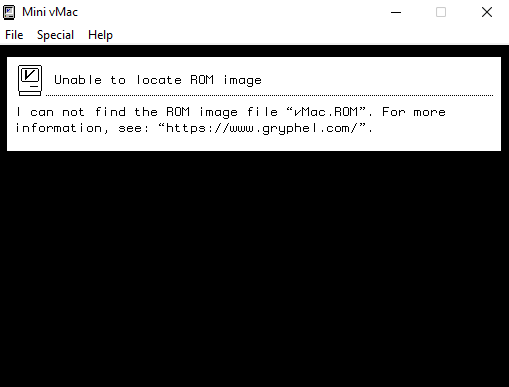 Textbox reading: I can not find the ROM image file vMac.ROM 