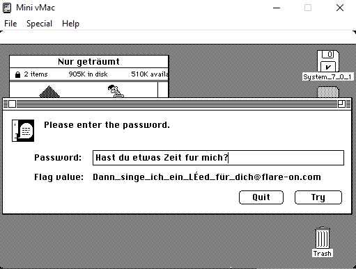 The password prompt showing a string ending in flare-on.com