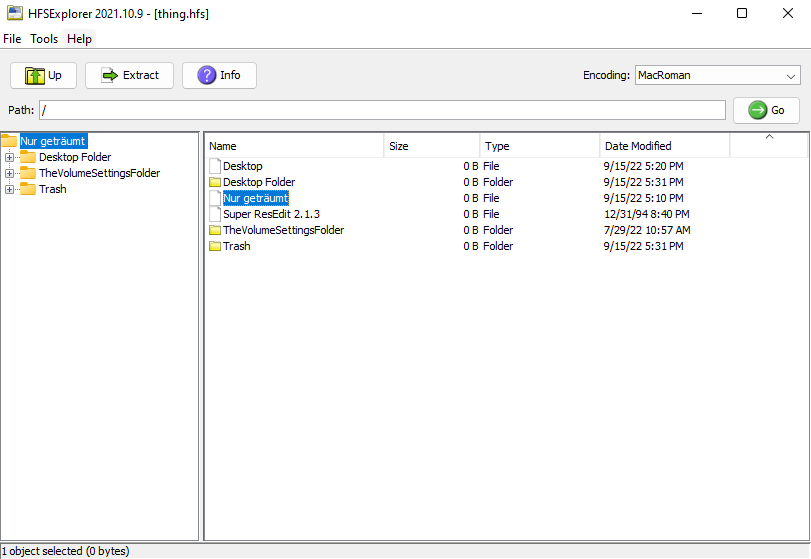 Screenshot of HFSExplorer showing thing.hfs
