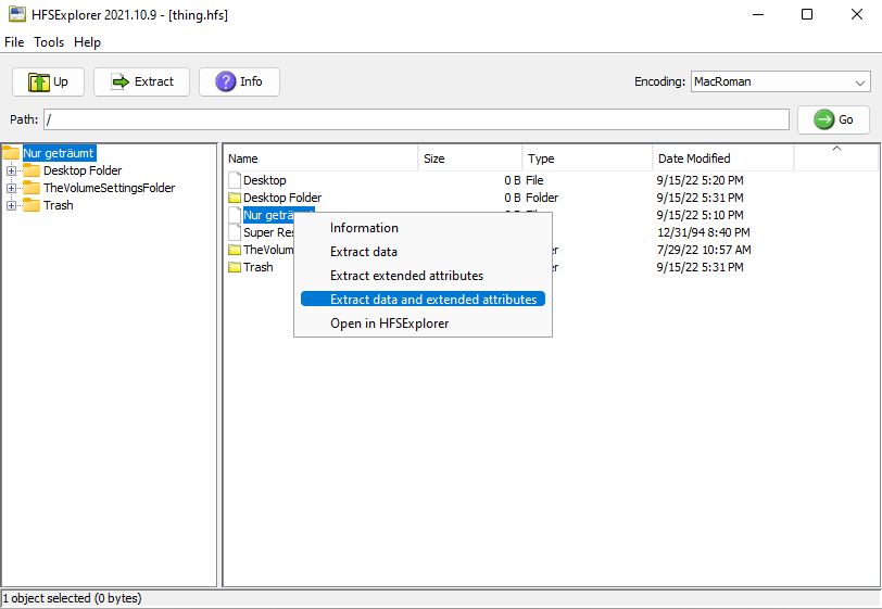 Screenshot of HFSExplorer, about to extract the binary